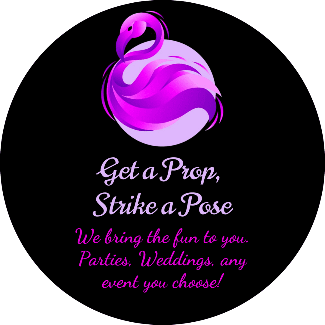 A purple flamingo with the words " get a prop, strike a pose ".